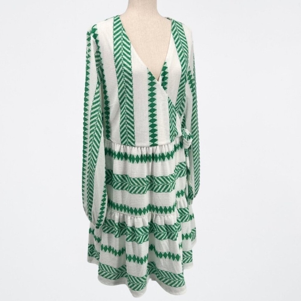 Cato Womens Plus Size 18/20W Green White Geometric Wrap Dress Tiered Long Sleeve